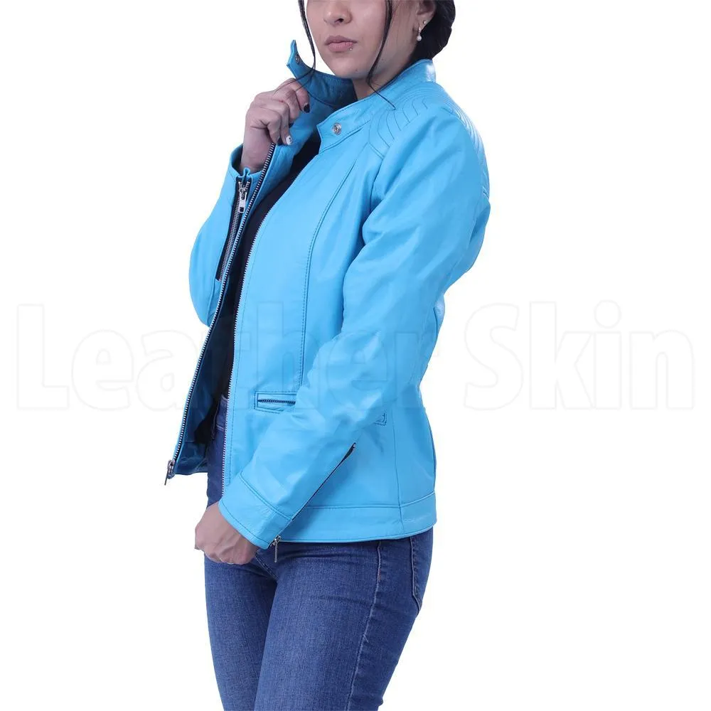 Women’s Sky Blue Leather Jacket - Leather Skin Shop