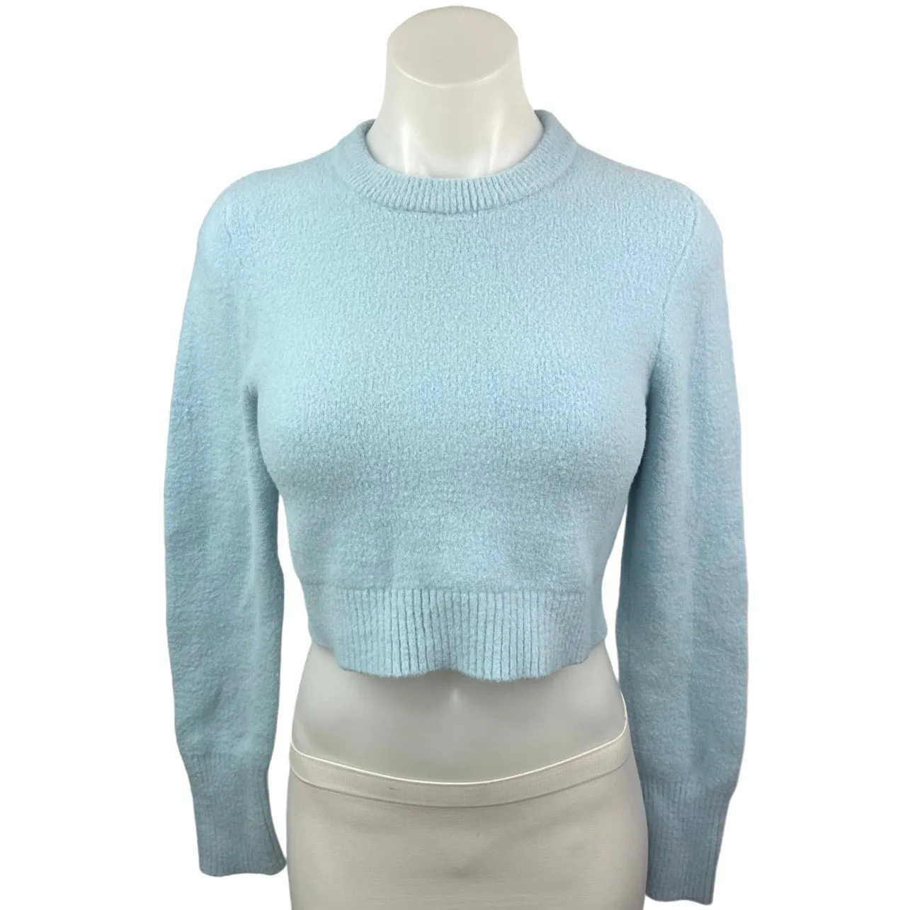 Zara Blue Knit Crew Neck Long Sleeve Cozy Cropped Pullover Sweater Top Size M